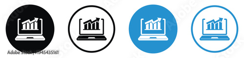Data analysis and business statistics icon on a laptop monitor. Features bar charts and growth graphs in various circular badge styles. Perfect for SEO, finance, and marketing reports.