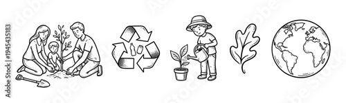 Collection of hand-drawn black and white environmental icons showing tree planting, recycling, gardening, nature, and planet Earth in a simple doodle illustration style