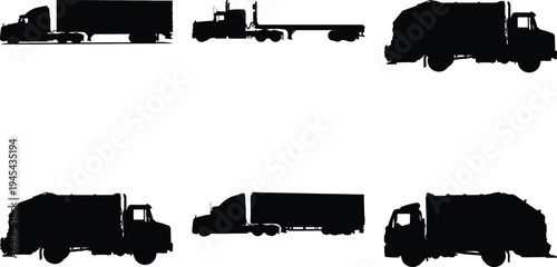 Assortment of black truck silhouettes featuring semi-trailers, flatbeds, and refuse trucks, perfect for logistics and transportation graphics.