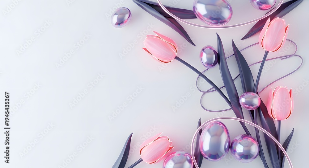 Fototapeta premium Elegant Pink flower and Floating Easter Egg Design