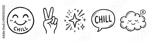 Hand-drawn black and white doodle icons featuring a chill smiley face, peace sign, sparkling star, speech bubble, and sleeping cloud for a relaxed and positive vibe