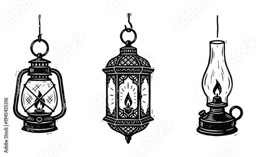 Old lanterns collection vector isolated on transparent background