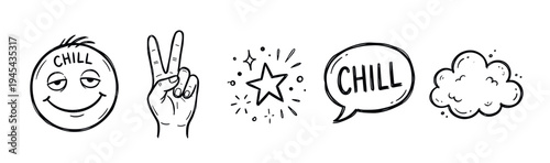 Hand drawn doodle icon set with a chill smiley face, peace sign hand gesture, sparkling star, speech bubble, and cloud in a sketchy black and white cartoon illustration style