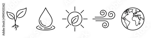 Set of five black line art icons representing natural elements for ecology concepts, including a plant sprout, water drop, sun with a leaf, wind symbol, and planet earth