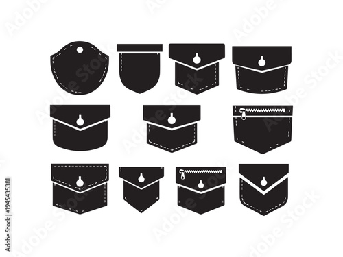 Collection of various black pocket icons with white details on white background  no specific brand