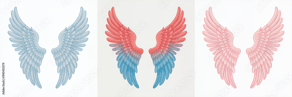 Fototapeta premium Colorful angel wings on white background feathers blue