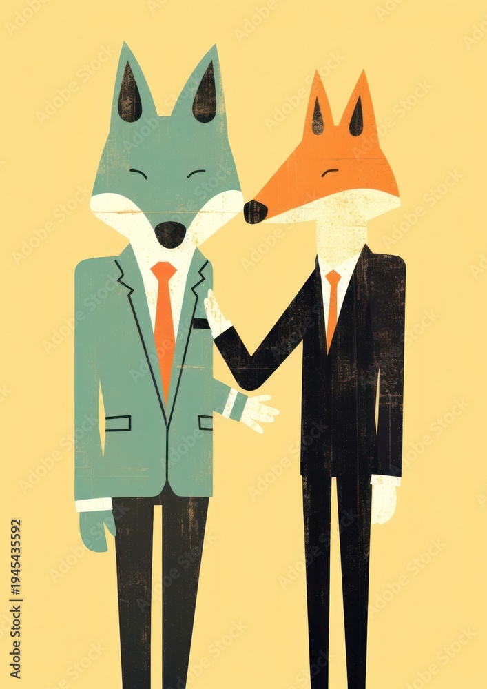 Obraz premium 2 business fox in suit shaking hand together art representation togetherness.