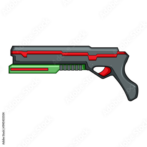 Sci fi toy blaster weapon artwork featuring a modern design with gray, red, and green elements, creating a sleek object for gaming, play, and adventure concepts
