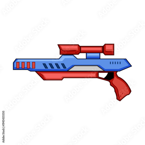 Toy dart blaster gun with a futuristic design, featuring blue and red colors with a scope like attachment, creating imagery of childhood play, imaginary battles, and fun activities