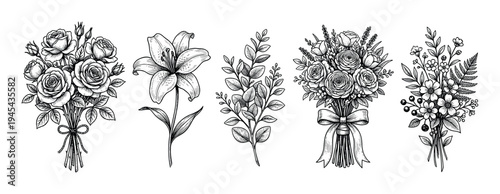 Set of five black and white floral illustrations in a vintage hand-drawn engraving style, featuring elegant bouquets of roses, a lily, and various wildflowers