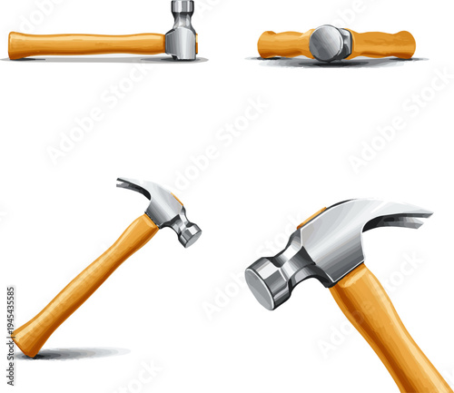 Isolated a realistic kinds of deferent view of a shiny new claw hammer with a wooden handle for pounding nails vector art with white background..