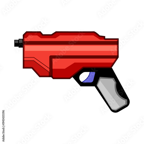 Red toy blaster with gray handle and blue trigger in cartoon vector style, playful children's play weapon symbolizing imagination, adventure, fun and harmless pretend combat