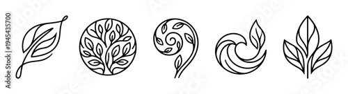 Set of black line art leaf icons featuring various natural and abstract shapes like a tree, spiral, and wave, representing concepts of nature, growth, and ecology in a minimalist style