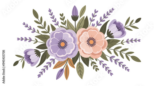 A beautiful floral arrangement with purple and pink flowers and green leaves on a white background