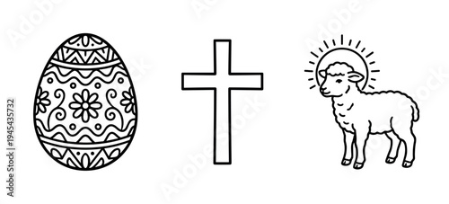 Set of three Christian Easter symbols including a decorated egg, a simple cross, and the Lamb of God with a halo, depicted in a simple black and white line art style