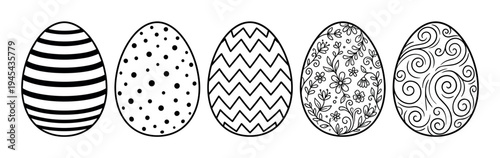 Five black and white decorated Easter eggs are arranged in a row, each featuring a unique hand-drawn pattern including stripes, dots, chevrons, florals, and swirls for a festive holiday celebration