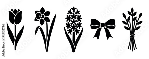 Collection of black spring flower silhouettes including a tulip, daffodil, hyacinth, decorative bow, and a small bouquet in a simple graphic stencil style for seasonal design
