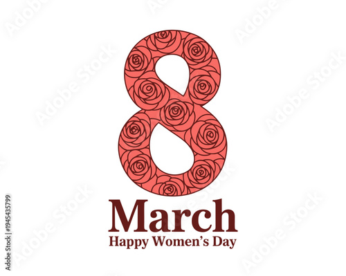 A vibrant illustration celebrating International Women's Day on March 8th with a bold, patterned number eight and festive text.