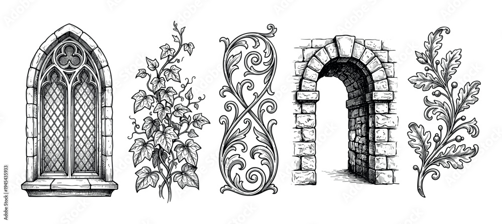 Fototapeta premium Set of hand-drawn medieval architectural elements including a gothic window, stone arch, ivy vine, and floral scrollwork in a detailed black and white engraving style