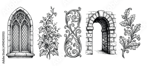 Set of hand-drawn medieval architectural elements including a gothic window, stone arch, ivy vine, and floral scrollwork in a detailed black and white engraving style