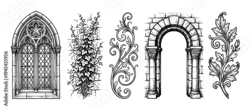 Five hand-drawn architectural design elements featuring a gothic window, stone archway, climbing ivy, and ornate floral scrolls in a classic black ink engraving illustration style