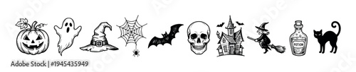 Collection of hand-drawn Halloween icons including a pumpkin, ghost, witch hat, spiderweb, skull, and haunted house in a vintage black and white engraving sketch style