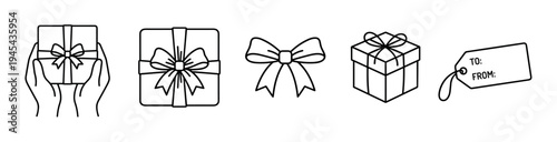 Set of black line art gift icons showing hands holding a present, a bow, a name tag, and gift boxes in a minimalist hand-drawn doodle style for holiday celebrations