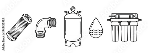 Water filtration system icon set featuring a filter cartridge, pipe fitting, pressure tank, water drop, and reverse osmosis unit in a clean black and white line art style