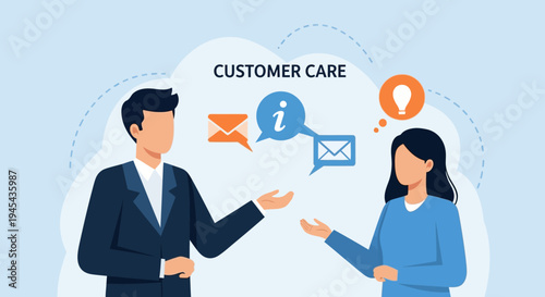 Vector illustration of customer care and support concept with man and woman isolated on White Background