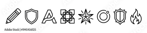 Collection of eight black outline icons featuring a pencil, shields, a star, a flame, and abstract symbols arranged in a row with a clean, minimalist, and modern aesthetic