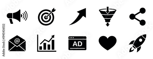 Set of black solid glyph icons for digital marketing and business promotion, featuring symbols for targeting, sales funnels, advertising, growth charts, and social sharing