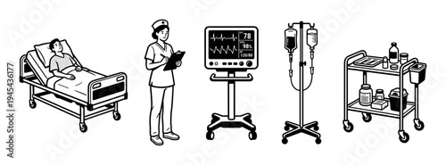 Collection of black and white hospital icons featuring a patient in bed, a nurse with a clipboard, a heart monitor, an intravenous drip, and a medical cart in a simple graphic style