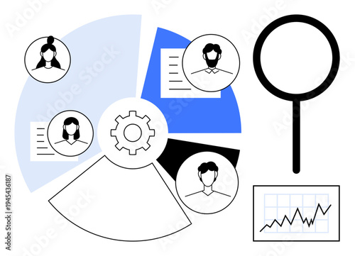 Business analytics, team organization, recruitment, data visualization, decision-making, market research. Circular chart with gear, user profiles magnifying glass rising graph. Business analytics