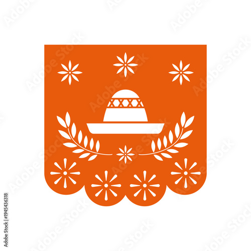Papel picado banner cut out from orange paper, featuring a traditional sombrero and decorative floral elements, representing mexican culture and celebration design