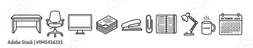Set of black line art office icons representing a modern workspace with a desk, chair, computer, stapler, planner, lamp, coffee mug, and a calendar for October 2024