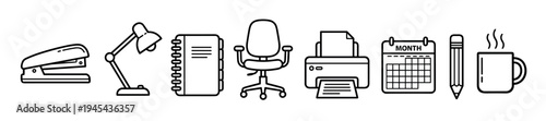 Set of black line art office icons including a stapler, lamp, notebook, chair, printer, calendar, pencil, and coffee mug in a minimalist vector style illustration