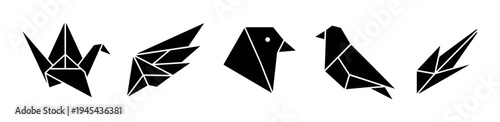 Five black origami bird paper craft figures in a minimalist geometric style, including a crane and abstract avian shapes presented as a collection of icons
