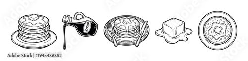 Set of hand-drawn pancake illustrations features stacks of flapjacks with melting butter, pouring syrup, and cutlery in a vintage black and white line art style