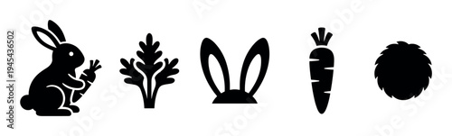 Set of black Easter bunny icons featuring a rabbit holding a carrot, a leafy green top, ears, a single vegetable, and a fluffy tail in a simple graphic design style