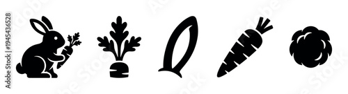 Set of black rabbit and carrot icons including a bunny holding a vegetable, a root with leaves, a long ear, a simple carrot, and a fluffy tail in a minimalist graphic style