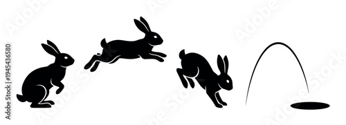 Black rabbit silhouette animation sequence showing an animal jumping into a hole, a minimalist graphic vector illustration of movement and trajectory in several phases