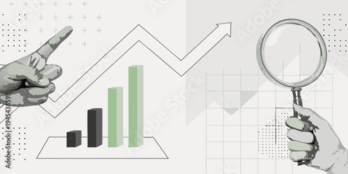 Analyzing growth a hand points to a rising chart and magnifying glass