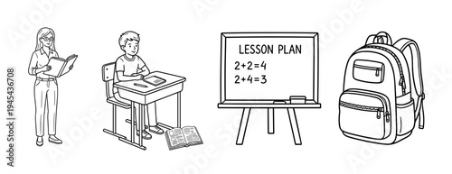 Hand drawn black and white school icons set with a teacher, a student at a desk, a blackboard with a math lesson, and a backpack in a simple doodle style