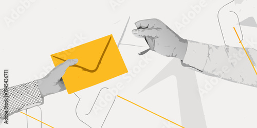 Hands exchanging a yellow envelope with abstract orange lines