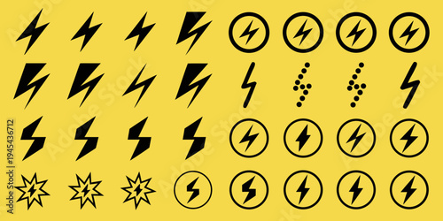 Collection of various black lightning bolt and electrical symbols on yellow