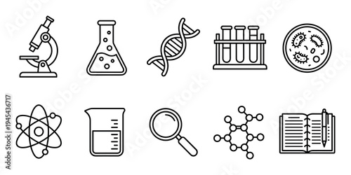 Set of ten black outline science icons representing research and education, featuring a microscope, DNA helix, atom, molecule, and lab glassware