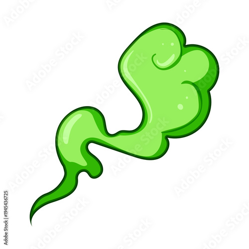 Green cartoon smoke cloud symbolizing toxic vapor, bad smell or chemical fume, flat isolated graphic element for icons, ui, comic effects, environmental hazard and pollution visuals
