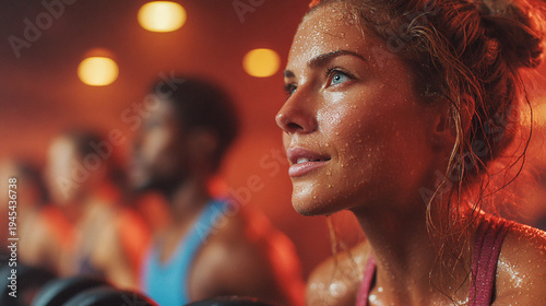 Hot yoga sculpt training, several people in a heated studio performing dynamic yoga movements with light dumbbells, sweat glistening under warm studio lights.