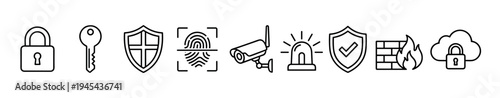 Set of security and protection line icons featuring a padlock, key, shield, fingerprint, camera, siren, firewall, and cloud, representing digital cybersecurity and physical safety