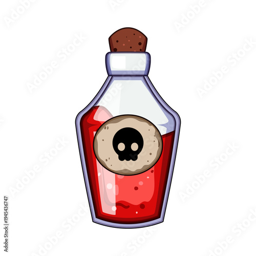 Potion bottle with cork stopper and skull label filled with ominous red liquid, symbolizing poison, danger, magic, witchcraft, alchemy and spooky fantasy element for games or ui